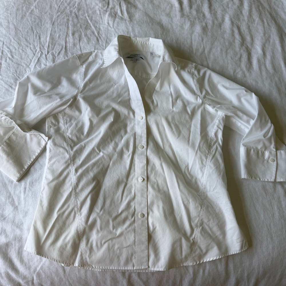 Foxcroft NYC Women White Non Iron Stretch 3/4 Sleeve Button Down Shirt Sz M - Picture 7 of 11